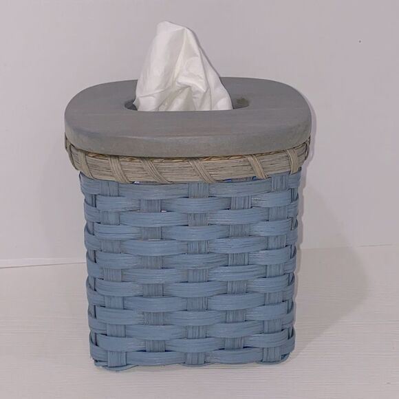 Blue Woven Wicker Basket Tissue Box Holder with Wood Gray Wash Lid - Picture 11 of 11